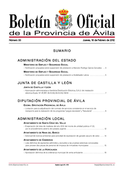 Boletín Oficial de la Provincia del jueves, 16 de febrero de 2012