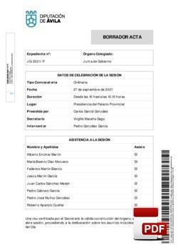 Orden del día, Pleno 17/2021 del lunes, 27 de septiembre de 2021