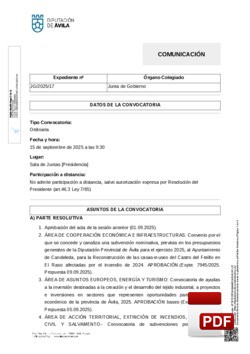 Orden del día, Pleno 17/2025 del lunes, 15 de septiembre de 2025