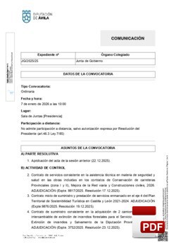 Orden del d&iacute;a, Pleno 1/2026 del mi&eacute;rcoles, 07 de enero de 2026