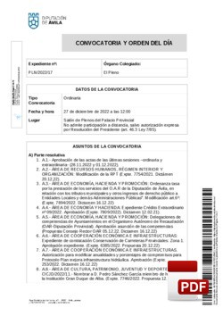 Orden del día, Pleno 17/2022 del martes, 27 de diciembre de 2022