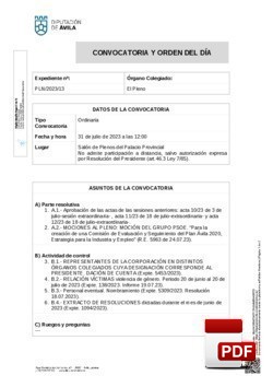 Orden del día, Pleno 13/2023 del lunes, 31 de julio de 2023