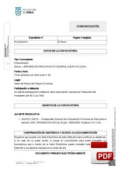 Orden del día, Pleno 14/2024 del jueves, 19 de diciembre de 2024