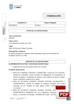 Orden del d&iacute;a, Pleno 15/2025 del lunes, 29 de diciembre de 2025