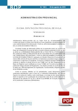 Ordenanza reguladora de la tasa por el otorgamiento de licencias para la realización de actuaciones en los márgenes de las carreteras provinciales y por el aprovechamiento especial de la zona de dominio público.