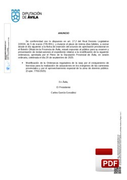Ordenanza reguladora de la tasa por el otorgamiento de licencias para la realizaci&oacute;n de actuaciones en los m&aacute;rgenes de las carreteras provinciales y por el aprovechamiento especial de la zona de dominio p&uacute;blico.