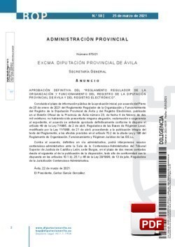 Reglamento regulador de la organización y funcionamiento del registro de la Diputación Provincial de Ávila y del registro electrónico