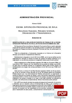 Modificaci&oacute;n de la RPT (Relaci&oacute;n de Puestos de Trabajo) de la Diputaci&oacute;n de &Aacute;vila. Sesi&oacute;n 29 de diciembre 2025.
